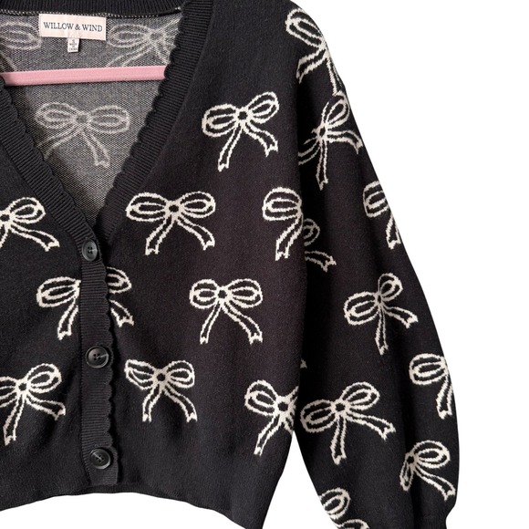 Willow‎ & Wind Bow Knit Cardigan Ribbon Black Sweater Cute Girly Preppy Small - Picture 3 of 5